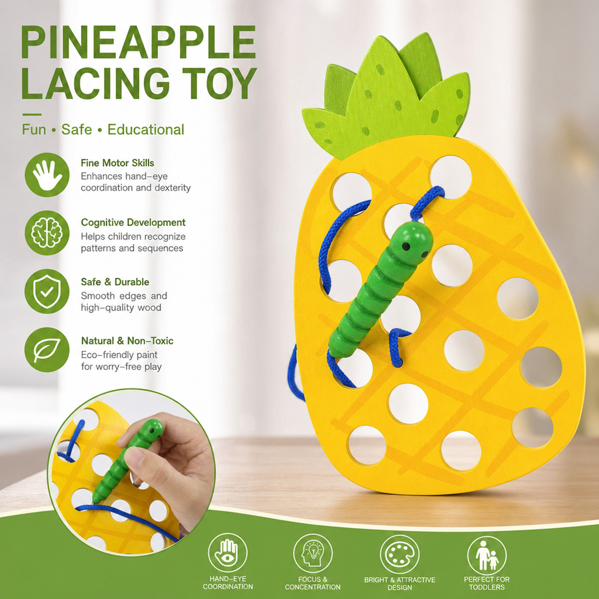 Travel Accessories For Baby - Wooden Lacing Pineapple Threading Toys Puzzle